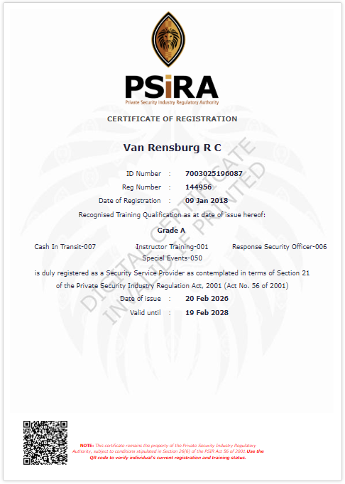 Rodney van Rensburg PSIRA Verification
